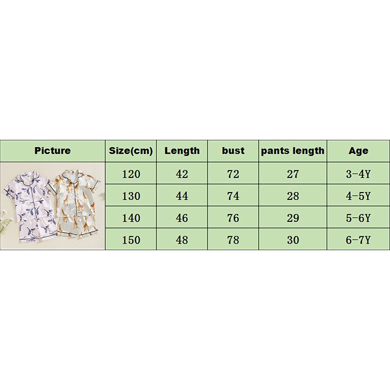 Bērnu meiteņu satīna 2 daļiņu pidžamas komplekts ar celtņa/žirafes apdruku ar īsām piedurknēm, nolaižamiem apkakles topi ar elastīgu jostasvietu, šorti, naktsveļa