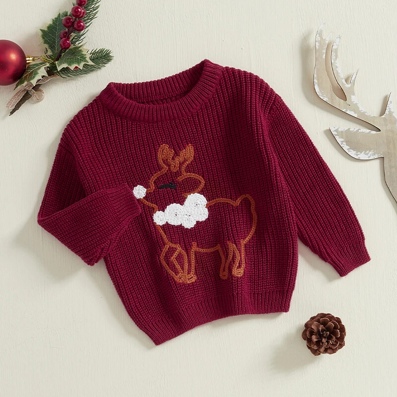 Mazu bērnu zēnu meiteņu Ziemassvētku džemperi Ziemeļbrieži ar garām piedurknēm ar apaļu kaklu, rievoti trikotāžas topi 0-3 gadiem