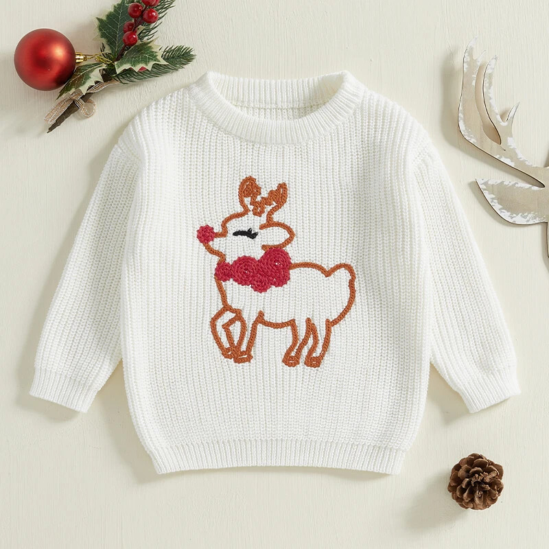 Mazu bērnu zēnu meiteņu Ziemassvētku džemperi Ziemeļbrieži ar garām piedurknēm ar apaļu kaklu, rievoti trikotāžas topi 0-3 gadiem