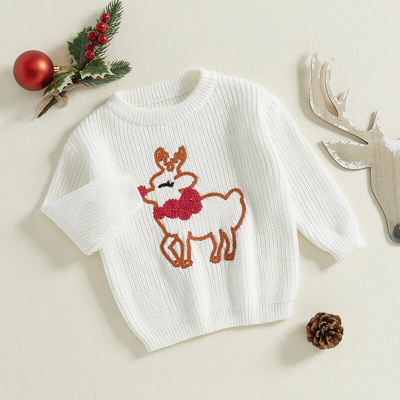 Mazu bērnu zēnu meiteņu Ziemassvētku džemperi Ziemeļbrieži ar garām piedurknēm ar apaļu kaklu, rievoti trikotāžas topi 0-3 gadiem