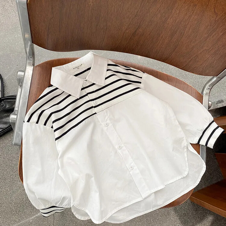 Παιδικό πουκάμισο Ανδρικό άνοιξη 2023 Νέο στυλ γιακά με ρίγες χαλαρή εφαρμογή Κορυφαίο μοντέρνο μωρό ευέλικτο λεπτό αμάνικο πουκάμισο με πέτο