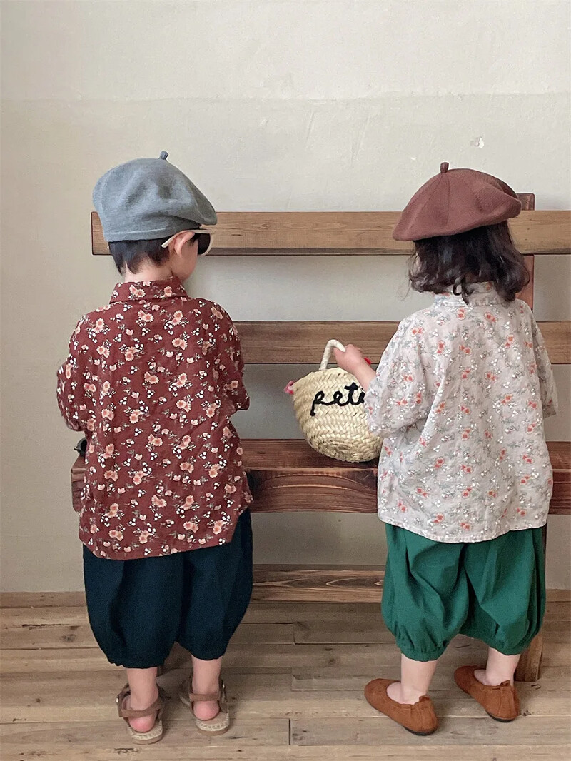 2024 Νέο καλοκαιρινό παιδικό βαμβακερό λινό κοντομάνικο πουκάμισο για αγόρια για κορίτσια Baby Vintage Forest Top πουκάμισο με μήκος μανίκι