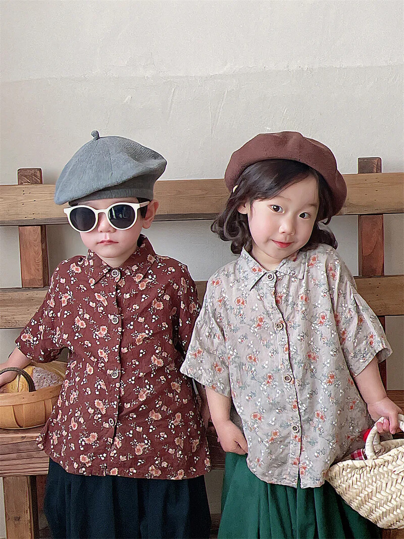 2024 Νέο καλοκαιρινό παιδικό βαμβακερό λινό κοντομάνικο πουκάμισο για αγόρια για κορίτσια Baby Vintage Forest Top πουκάμισο με μήκος μανίκι