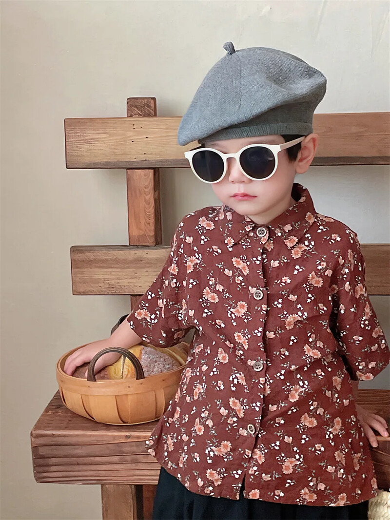 2024 Νέο καλοκαιρινό παιδικό βαμβακερό λινό κοντομάνικο πουκάμισο για αγόρια για κορίτσια Baby Vintage Forest Top πουκάμισο με μήκος μανίκι