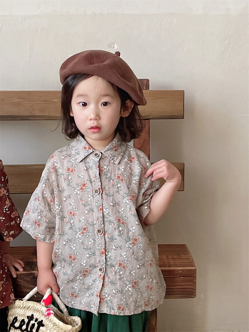 2024 Νέο καλοκαιρινό παιδικό βαμβακερό λινό κοντομάνικο πουκάμισο για αγόρια για κορίτσια Baby Vintage Forest Top πουκάμισο με μήκος μανίκι