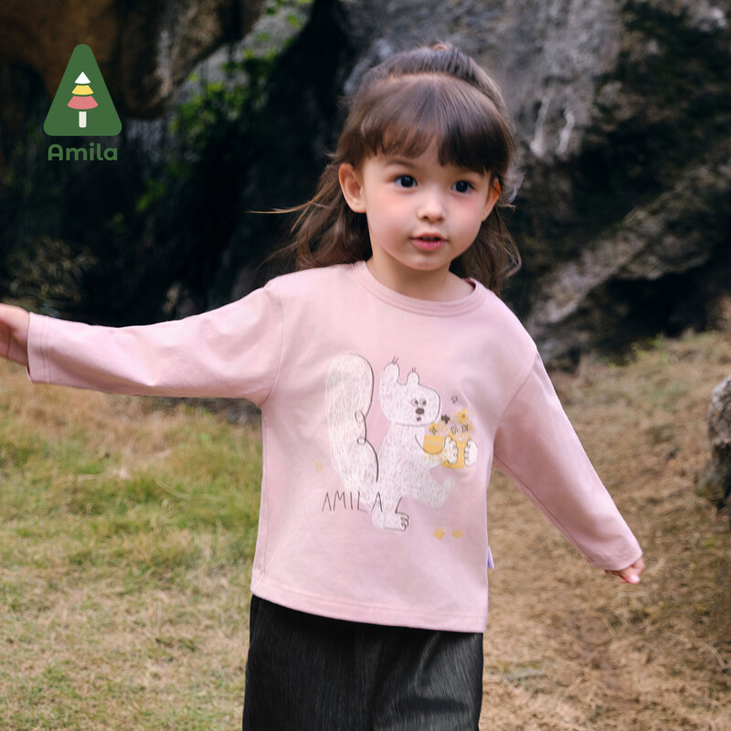 Amila bērnu T-krekls 2024. gada rudens jauni zēnu un meiteņu vienkrāsaini dzīvnieku tīras kokvilnas apaļa kakla daļa, mīksti, brīvi brīvi bērnu topi