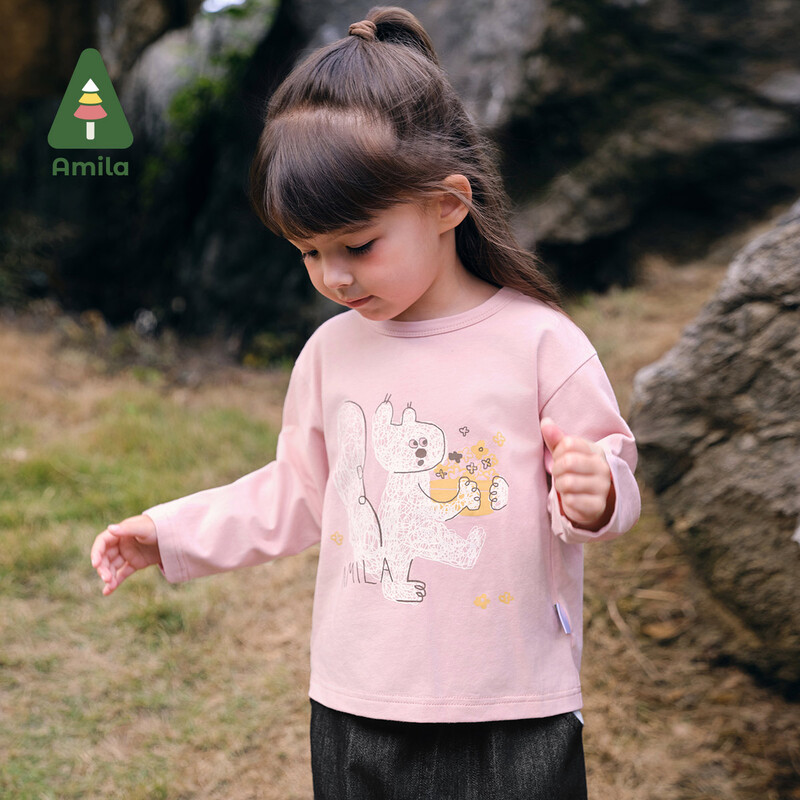 Amila bērnu T-krekls 2024. gada rudens jauni zēnu un meiteņu vienkrāsaini dzīvnieku tīras kokvilnas apaļa kakla daļa, mīksti, brīvi brīvi bērnu topi