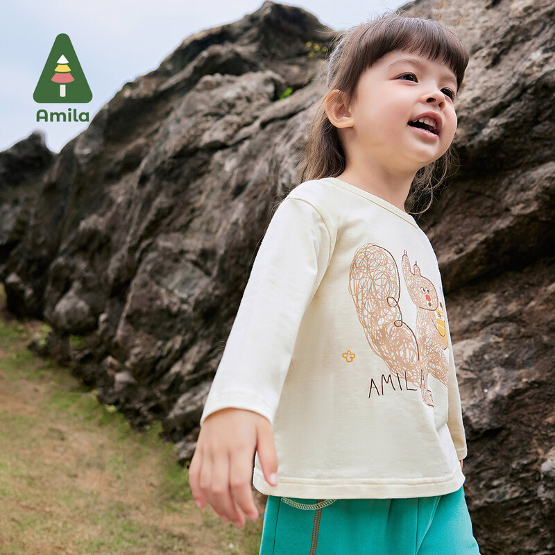 Amila bērnu T-krekls 2024. gada rudens jauni zēnu un meiteņu vienkrāsaini dzīvnieku tīras kokvilnas apaļa kakla daļa, mīksti, brīvi brīvi bērnu topi