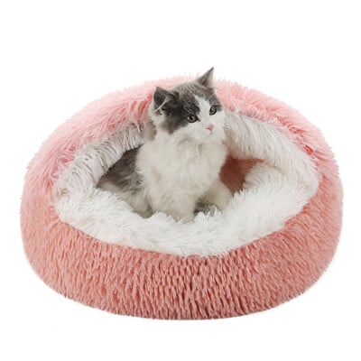 Котешко легло Кръгло пухкаво котешко легло с качулка Cave Cat Bed Donut за котки на закрито, успокояващи кучешки легла за котки за малко средно куче котка