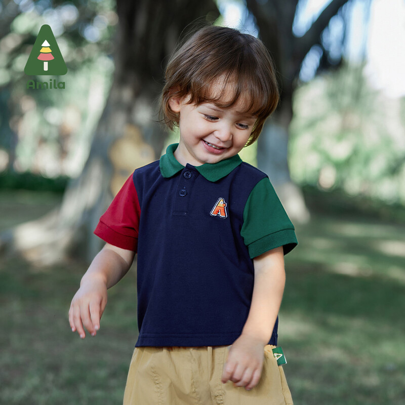 Amila Baby Boy T-krekls 2023 Vasara Jauns Cute Sports Mode Kontrastējošas Krāsas Patchwork POLO Krekls Bērnu Apģērbi 0-6G