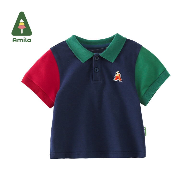 Amila Baby Boy T-krekls 2023 Vasara Jauns Cute Sports Mode Kontrastējošas Krāsas Patchwork POLO Krekls Bērnu Apģērbi 0-6G