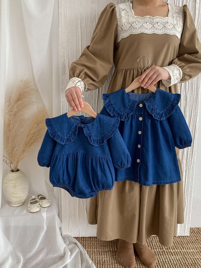 Koreai tavaszi új baba lány farmer body kisgyermek hosszú ujjú, egyrészes nővér ruhák gyermek Peter Pan galléros ruha