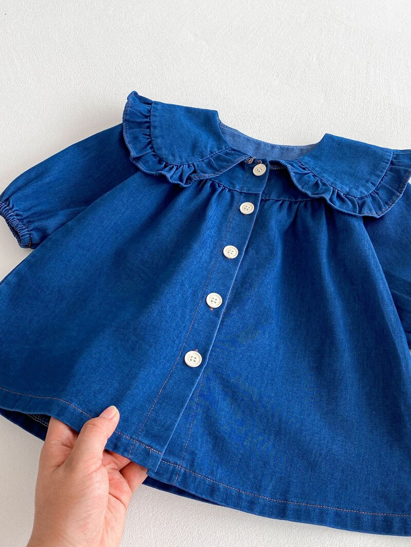 Koreai tavaszi új baba lány farmer body kisgyermek hosszú ujjú, egyrészes nővér ruhák gyermek Peter Pan galléros ruha