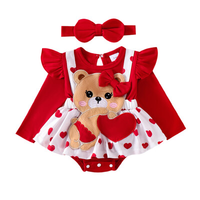 Kislány szívmintás nadrágruha, hosszú ujjú, kerek nyakú, medve hímzéses kombiné fejpánttal Baba Valentin-napi ruhák