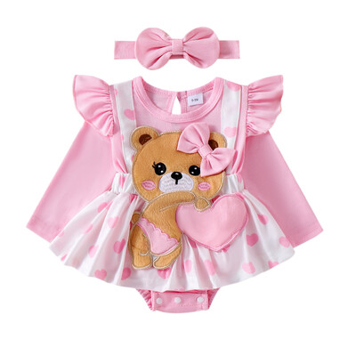 Kislány szívmintás nadrágruha, hosszú ujjú, kerek nyakú, medve hímzéses kombiné fejpánttal Baba Valentin-napi ruhák