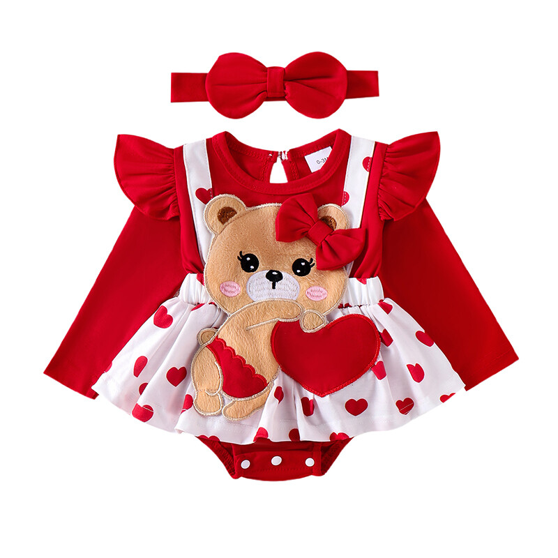Kislány szívmintás nadrágruha, hosszú ujjú, kerek nyakú, medve hímzéses kombiné fejpánttal Baba Valentin-napi ruhák