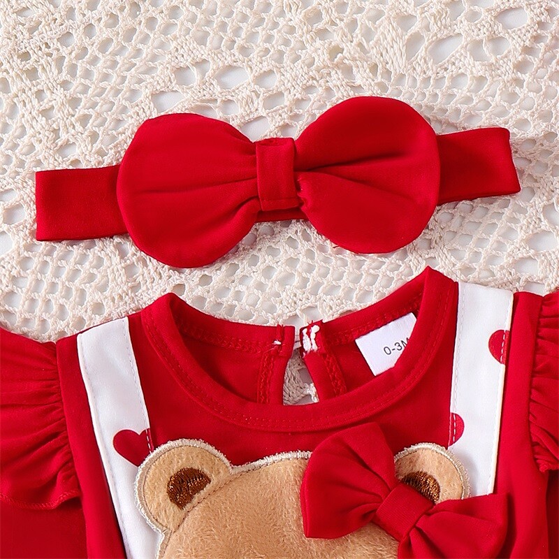 Kislány szívmintás nadrágruha, hosszú ujjú, kerek nyakú, medve hímzéses kombiné fejpánttal Baba Valentin-napi ruhák