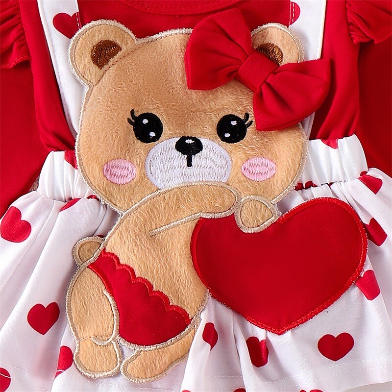 Kislány szívmintás nadrágruha, hosszú ujjú, kerek nyakú, medve hímzéses kombiné fejpánttal Baba Valentin-napi ruhák