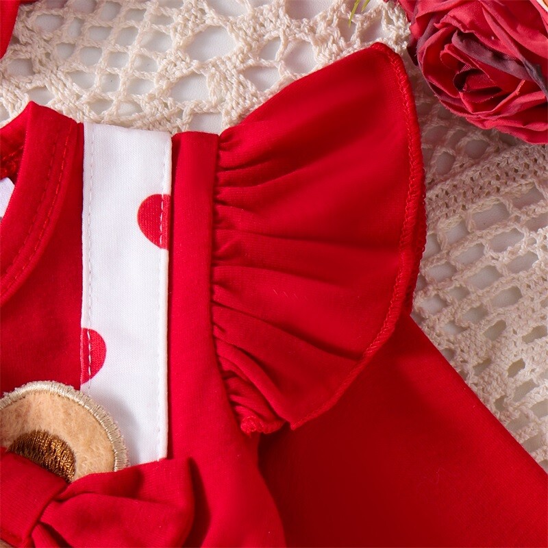 Kislány szívmintás nadrágruha, hosszú ujjú, kerek nyakú, medve hímzéses kombiné fejpánttal Baba Valentin-napi ruhák