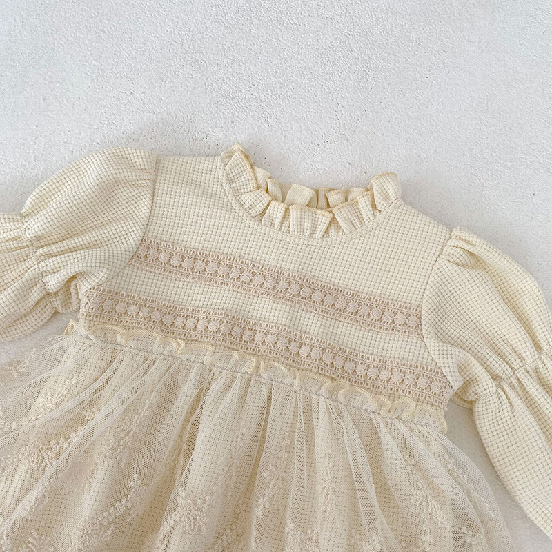Proljeće jesen Nova odjeća za dojenčad Bodi haljina Ljetna haljina s puf rukavima Jednodijelna odjeća od vafla čipke
