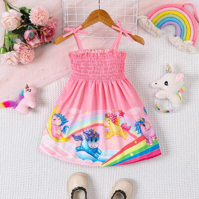 Mazuļu modes jauka multfilma vienradzis apdrukāti svārki ar bantītes rotājumu siksniņas kleita vasarā