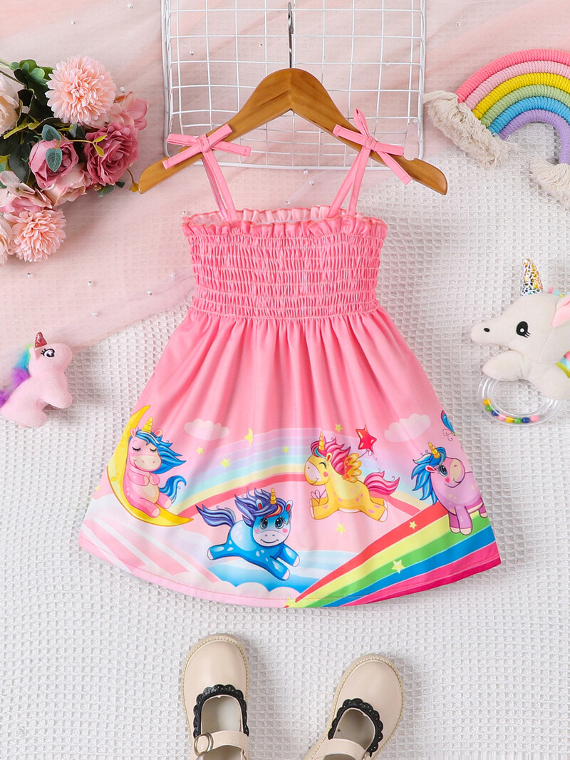 Mazuļu modes jauka multfilma vienradzis apdrukāti svārki ar bantītes rotājumu siksniņas kleita vasarā