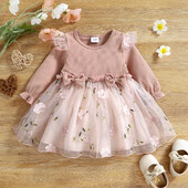 Meiteņu kleitas pavasarim un rudenim, bantītes un ziedu raksts vienkrāsains, pūkains marles zīdaiņu kleitas jaukas ikdienas apģērba meitenei