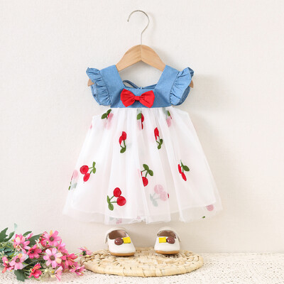 Haljina za djevojčice, ljetna mašna i uzorak trešnje, šišmiš rukavi Pufasta dječja haljina za djevojčice Slatka ležerna odjeća za djevojčice