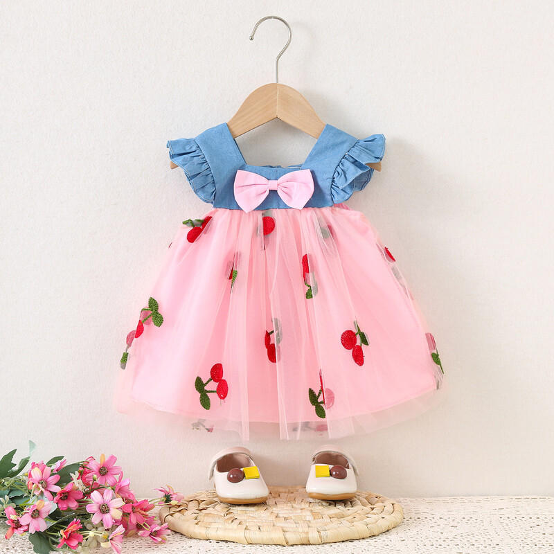 Haljina za djevojčice, ljetna mašna i uzorak trešnje, šišmiš rukavi Pufasta dječja haljina za djevojčice Slatka ležerna odjeća za djevojčice