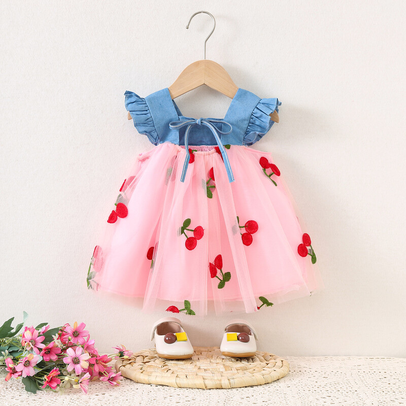 Haljina za djevojčice, ljetna mašna i uzorak trešnje, šišmiš rukavi Pufasta dječja haljina za djevojčice Slatka ležerna odjeća za djevojčice