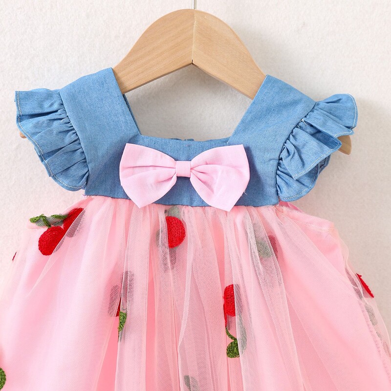 Haljina za djevojčice, ljetna mašna i uzorak trešnje, šišmiš rukavi Pufasta dječja haljina za djevojčice Slatka ležerna odjeća za djevojčice