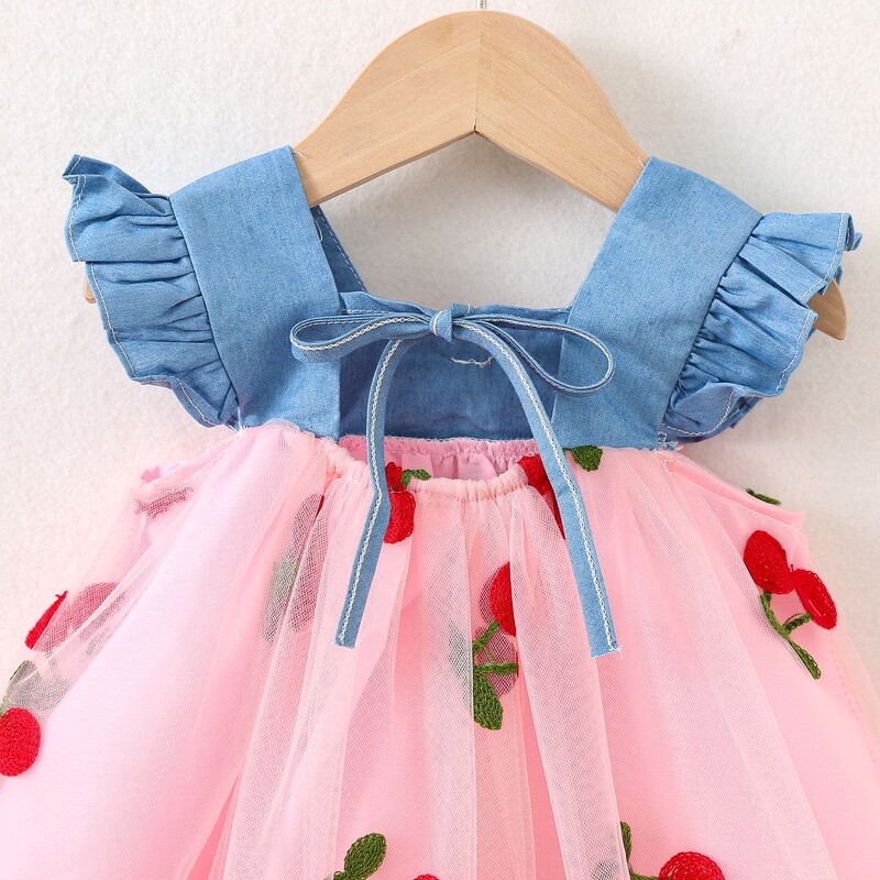 Haljina za djevojčice, ljetna mašna i uzorak trešnje, šišmiš rukavi Pufasta dječja haljina za djevojčice Slatka ležerna odjeća za djevojčice