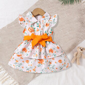 Meiteņu puķe ar zaļu lapu apdruku jauka, oranža, mušiņa, piedurkņu atloka kleita ar jostu