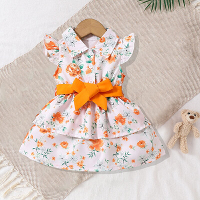 Meiteņu puķe ar zaļu lapu apdruku jauka, oranža, mušiņa, piedurkņu atloka kleita ar jostu