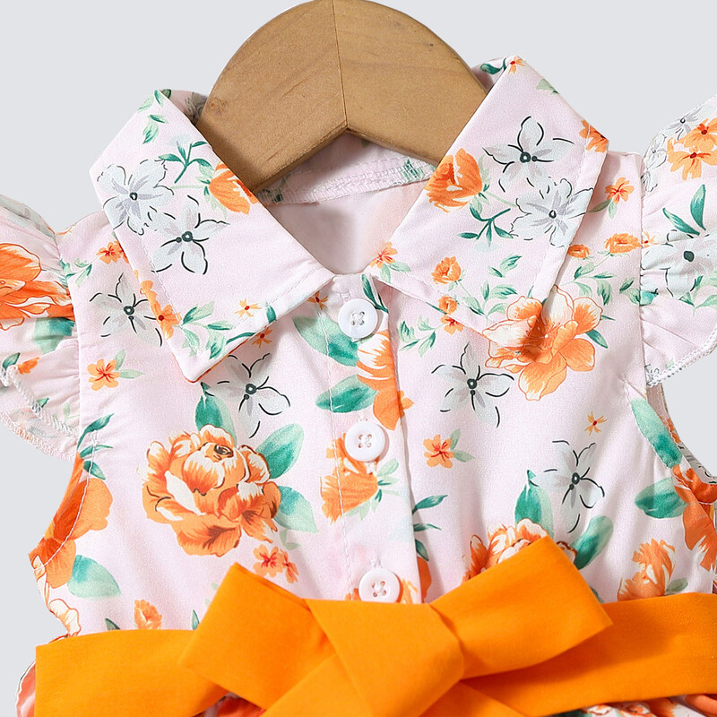 Meiteņu puķe ar zaļu lapu apdruku jauka, oranža, mušiņa, piedurkņu atloka kleita ar jostu