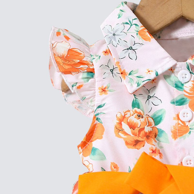 Meiteņu puķe ar zaļu lapu apdruku jauka, oranža, mušiņa, piedurkņu atloka kleita ar jostu