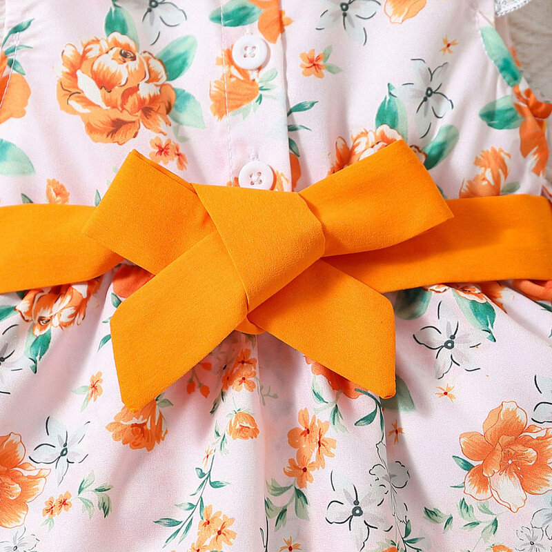 Meiteņu puķe ar zaļu lapu apdruku jauka, oranža, mušiņa, piedurkņu atloka kleita ar jostu