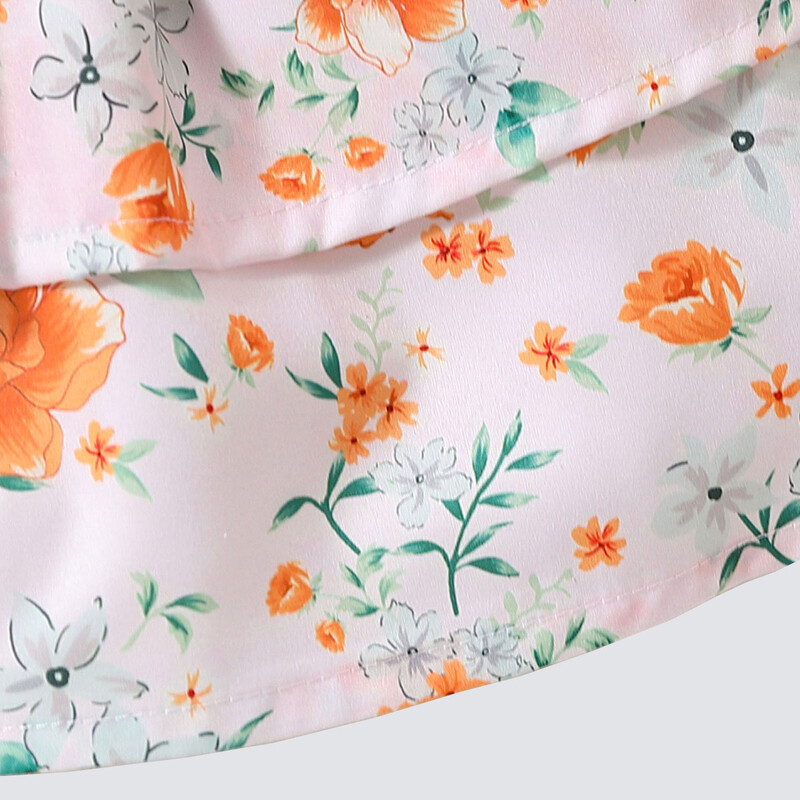 Meiteņu puķe ar zaļu lapu apdruku jauka, oranža, mušiņa, piedurkņu atloka kleita ar jostu