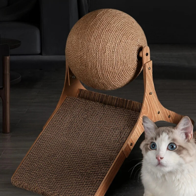 Fa macskakaparó labda 2 az 1-ben macskakaparó, szizál karcolótábla, kopásálló csiszolómancsos játék tömörfa kaparó macskáknak