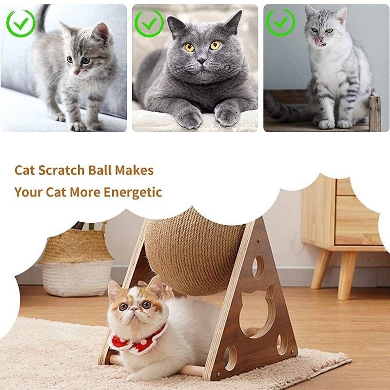 Kaķu koku mājdzīvnieku rotaļlieta Kaķu skrāpējamā bumba Nodilumizturīgs slīpēšanas ķepu dēlis Dabīgs sizala kaķa lode Masīvkoka skrāpis