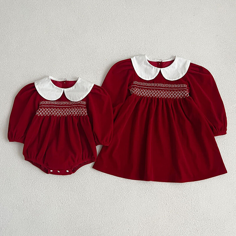 Zīdaiņu bērni Meiteņu zīdaiņi ar garām piedurknēm, saldi vienkrāsaini māsu kleita jaundzimušo mazuļu meitenes lelles apkakles princeses drēbes