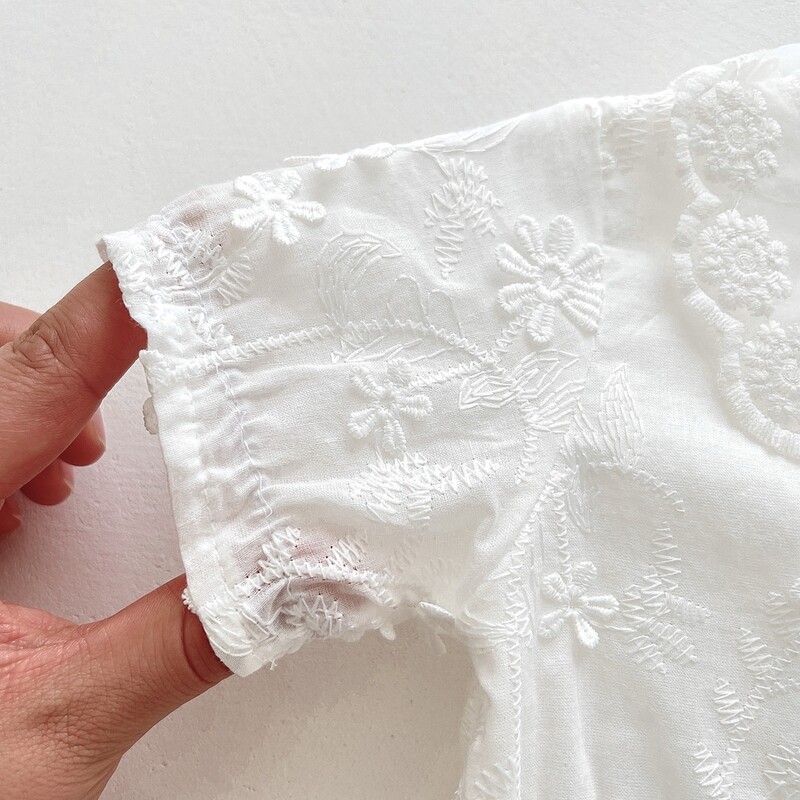 Jaundzimušai meitenei ar īsām piedurknēm izšuvumi Kokvilnas rombīšu kleita zīdaiņai meitenei princese svārki mazuļa kristību apģērbi