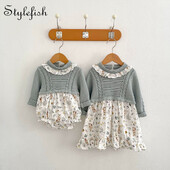 Άνοιξη και φθινόπωρο κοριτσάκια και νήπια μόδας πλέξιμο μάτισμα εκτύπωση μακρυμάνικο romper φόρεμα αδελφών + μακρυμάνικη φούστα