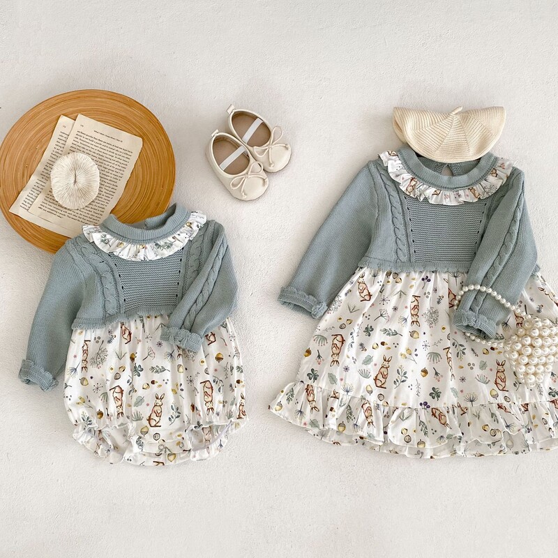 Άνοιξη και φθινόπωρο κοριτσάκια και νήπια μόδας πλέξιμο μάτισμα εκτύπωση μακρυμάνικο romper φόρεμα αδελφών + μακρυμάνικη φούστα