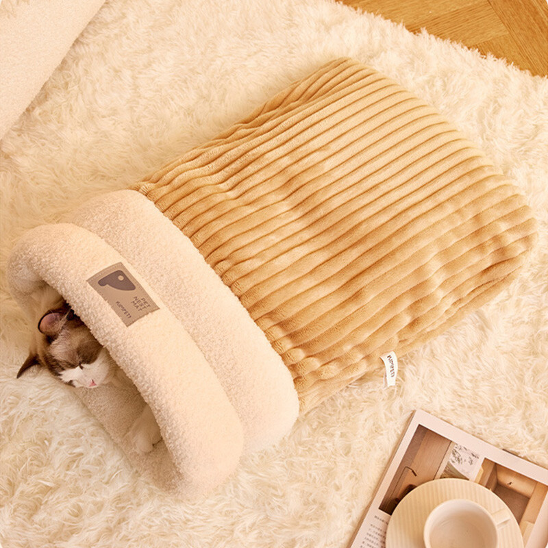 Naminių gyvūnėlių miegmaišis žiemos šiltas minkštas pliušinis pusiau uždaras kačių lizdo miegmaišis Namuose Patogūs kačių ir šunų lovos priedai