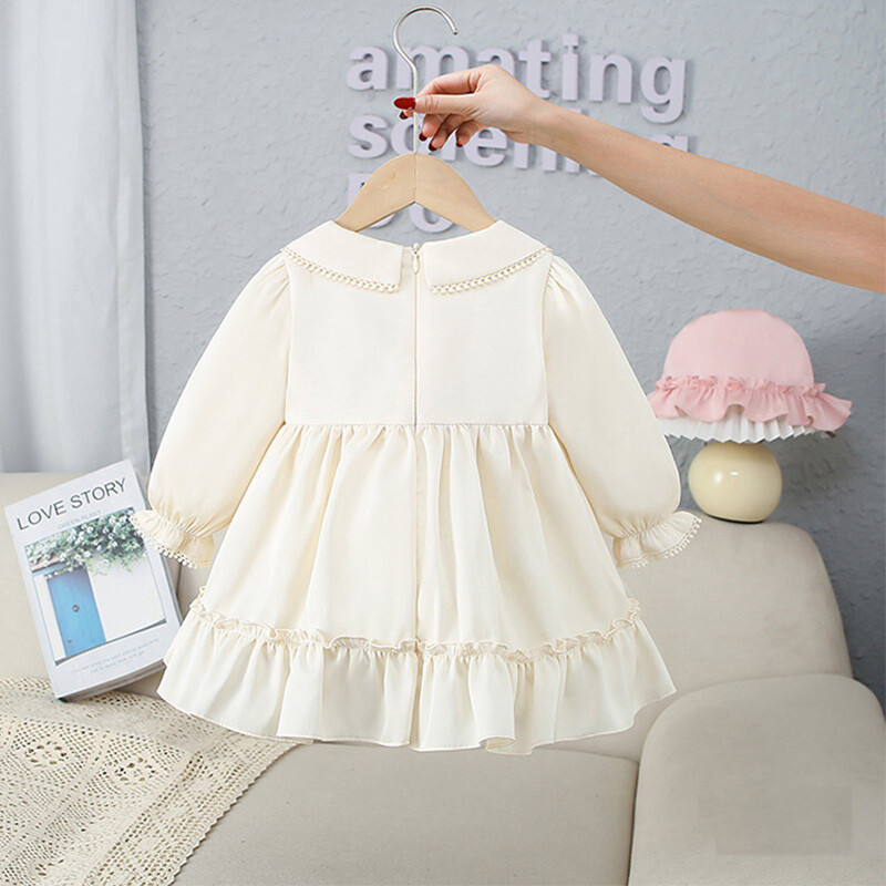 Pavasara un rudens izšūšana meiteņu kleitas ar garām piedurknēm Jauki mežģīņu meiteņu princešu kleitas zīdaiņu apģērbi