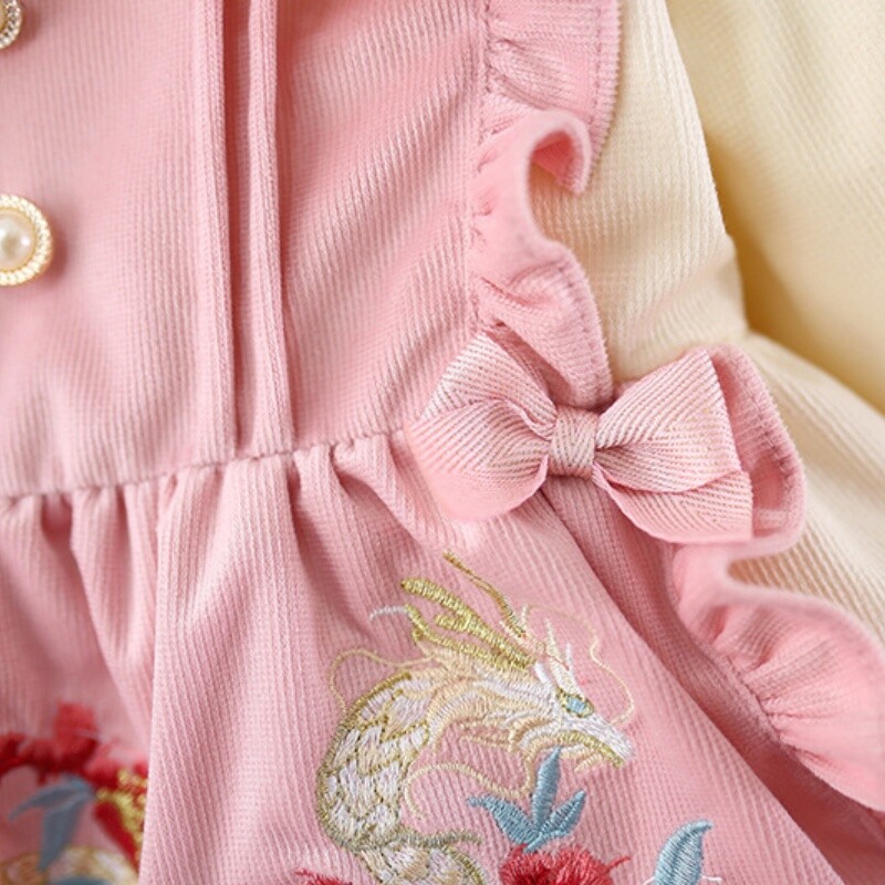 Pavasara un rudens izšūšana meiteņu kleitas ar garām piedurknēm Jauki mežģīņu meiteņu princešu kleitas zīdaiņu apģērbi