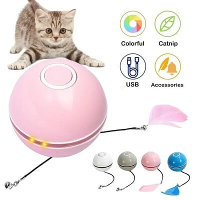 Автоматична котешка интерактивна топка Smart Cat Nip Toys with Feather Bell USB Rechargeable Self Rotating Led Pet Toy for Kitten