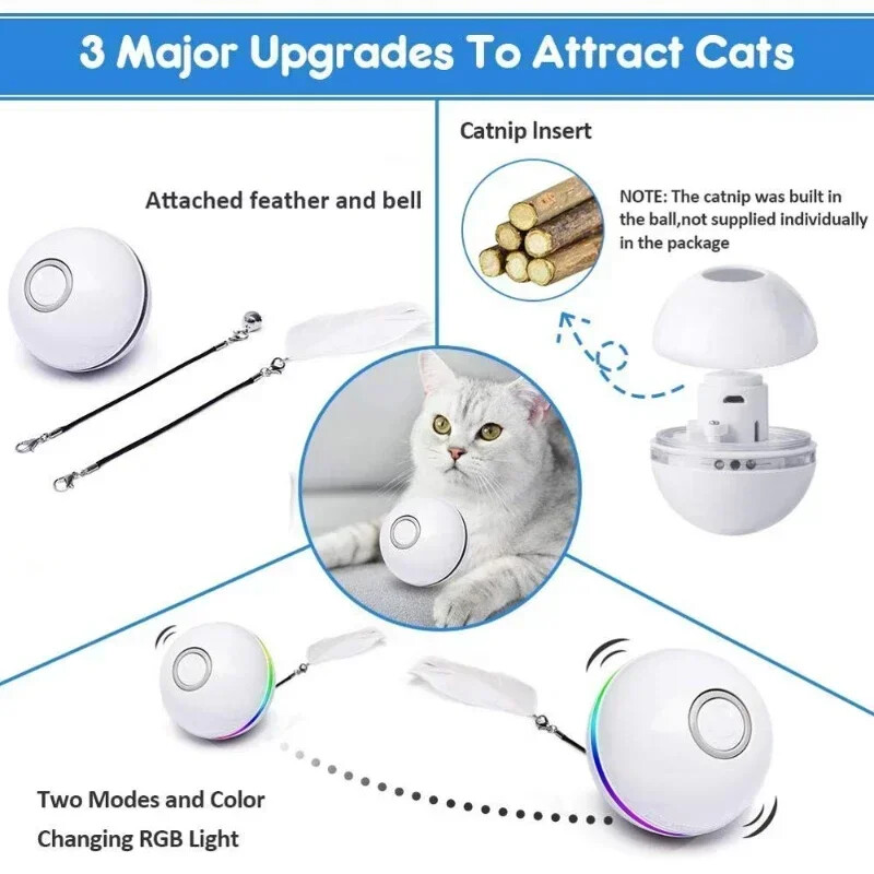 Automatikus macska interaktív golyós intelligens macskamenta játékok tollas csengővel, USB újratölthető, önforgó led kisállat játék cicának