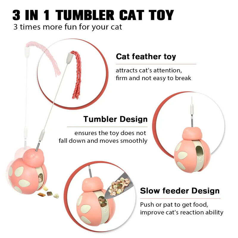 Interaktīvs kaķu rotaļlietu komplekts trīs vienā ar padevēju ar spalvu dejotāju stiepli iekštelpu kaķēniem — labākā rotaļlieta barības padevei